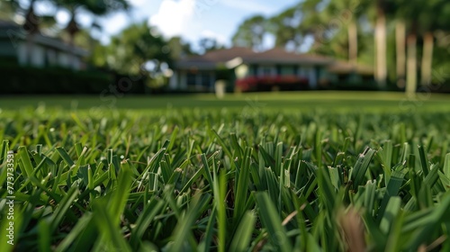 Close-Up of Fresh Cut Grass with Florida Home and Lawn in Background