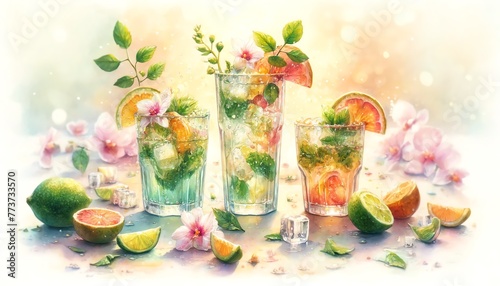 Watercolor Painting of Mojito Drinks