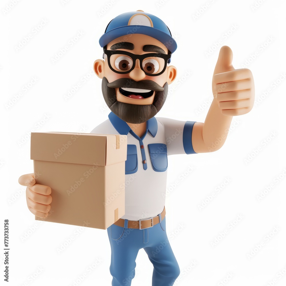 3D Render of a delivery man confidently displaying thumbs-up approval with a package in hand, on isolated white background, Generative AI 3D Render of a delivery man confidently displaying thumbs-up approval with a package in hand, on isolated white background, Generative AI