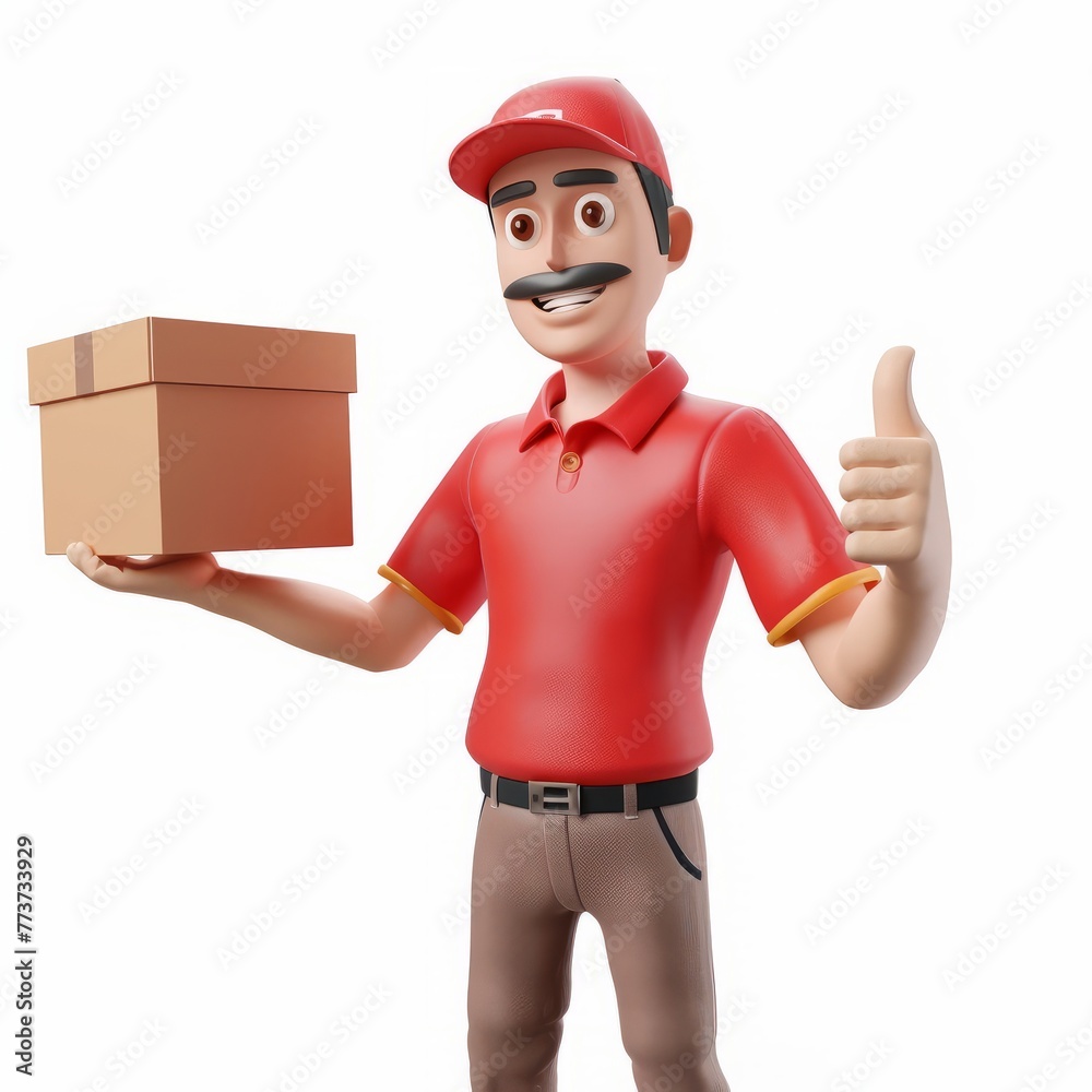 3D Render of a delivery man signaling thumbs-up success while holding a package, on isolated white background, Generative AI 3D Render of a delivery man signaling thumbs-up success while holding a package, on isolated white background, Generative AI