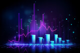 Modern Financial Tech Display: Neon Glow Bar Graph and Trading Charts on Dark Blue Gradient