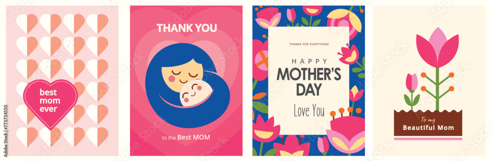 Happy Mother's Day greeting cards with beautiful blossom flowers in flat geometric style. Vector background for banner, poster
