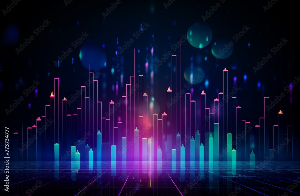 Modern Financial Tech Display: Neon Glow Bar Graph and Trading Charts on Dark Blue Gradient Modern Financial Tech Display: Neon Glow Bar Graph and Trading Charts on Dark Blue Gradient