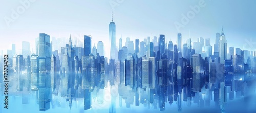 Abstract cityscape background with glass buildings and skyscrapers in blue tones, modern architecture concept with reflection on the floor, blurred business center on the horizon, for graphic design, © Da