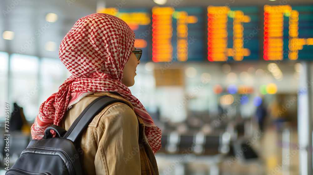 Rear view of a woman wearing hijab standing in front of a departure board at the airport looking at the flight information. holidays travel concept.