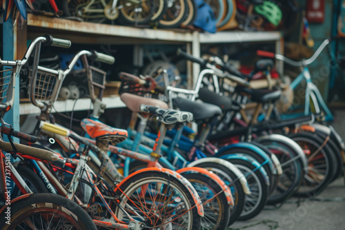 A row of old bicycles are stacked on top of each other. The bikes are of different colors and sizes, and some of them have baskets. The scene gives off a nostalgic and vintage vibe
