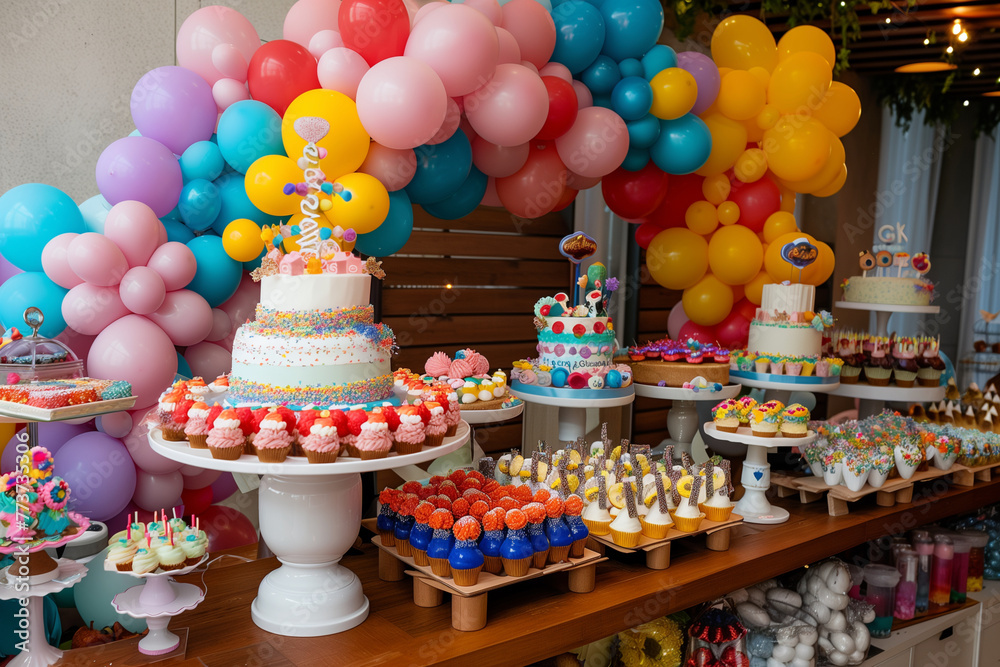 A colorful birthday party with a cake decorated with polka dots and balloons. The table is filled with various desserts and treats, including cupcakes and donuts