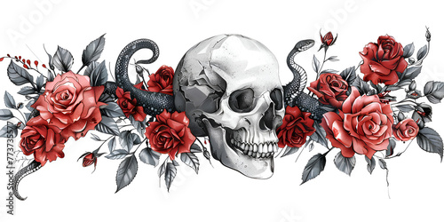 Skull roses and snake isolated on a white background.. generative ai