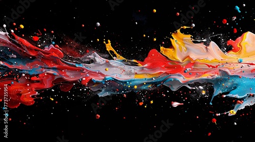 colorful splashes of paint, with colorful droplets flying through the air, creating a dynamic and vibrant work of art on a black background.