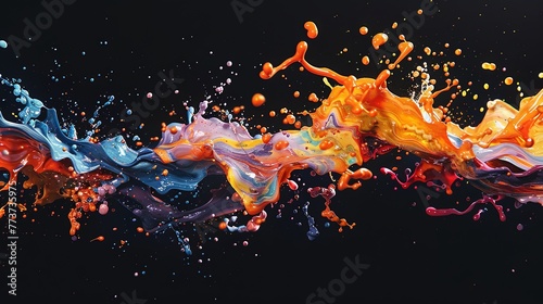 An artistic composition of vibrant paint splashes, with bright orange and blue dancing together, creates a bold and dynamic expression against the dark backdrop.