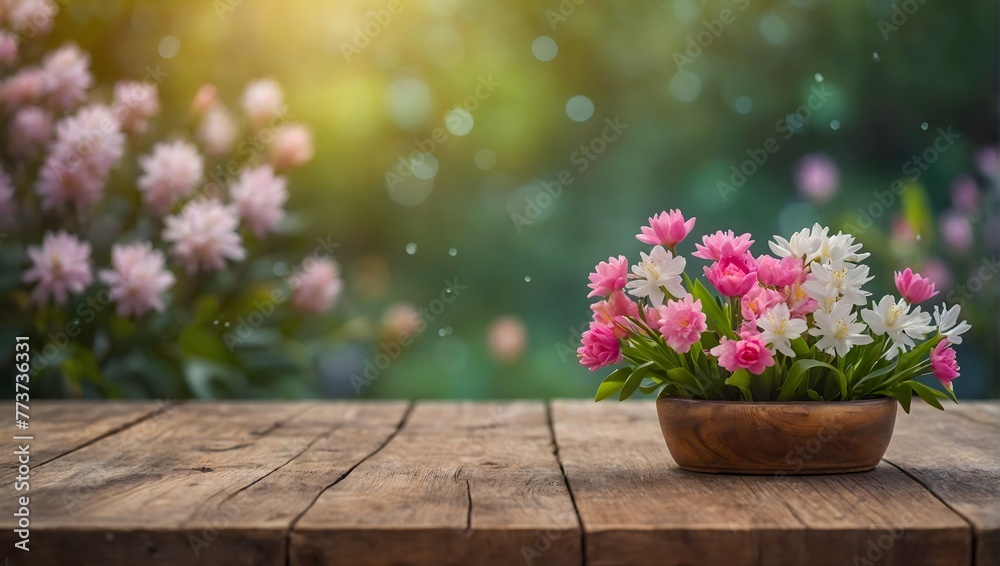 Beautiful spring flowers with empty wood table and copy space