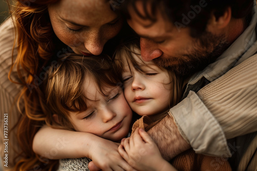 A woman and a man hug a baby. The family is happy and enjoying each other's company