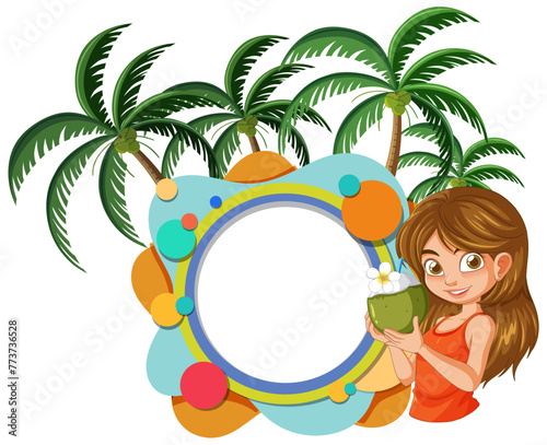 Vector illustration of girl with drink by palm trees.