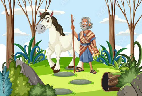 Illustration of a happy woman with a horse outdoors.
