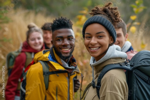 Group of young friends hiking in countryside. Multiracial happy people travelling in nature, Generative AI