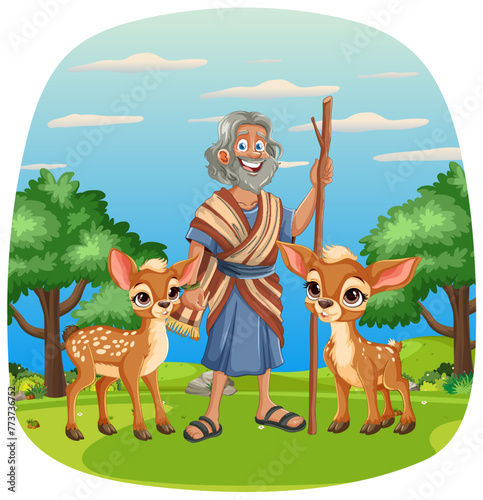 Cheerful old man standing with two adorable deer