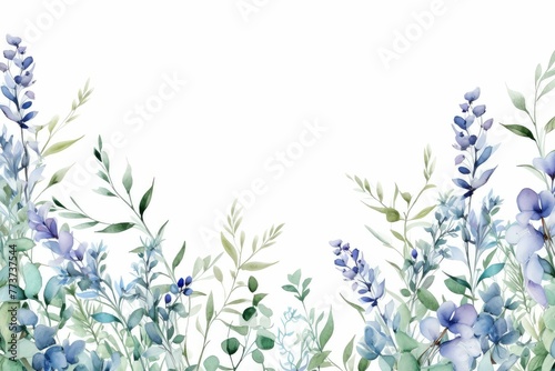 Fototapeta Naklejka Na Ścianę i Meble -  watercolor of rosemary clipart featuring delicate blue flowers and green foliage. flowers frame, botanical border, watercolor clipart isolated on white background