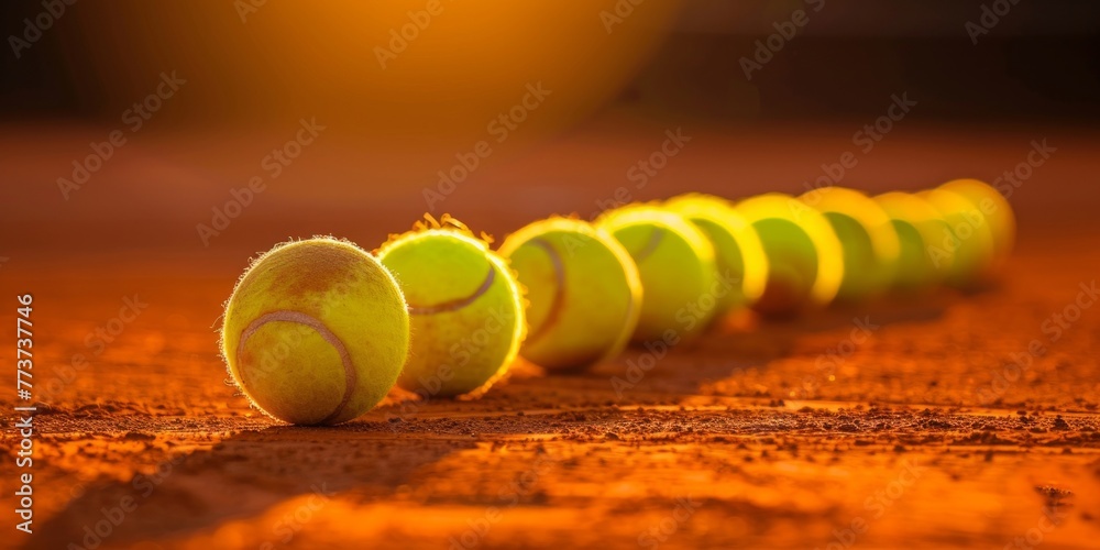 Φωτογραφία Numerous tennis balls are neatly arranged in a line on top of a tennis court und