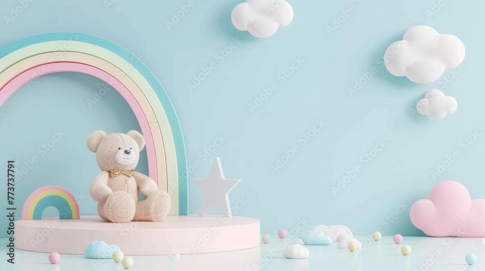 A teddy bear is sitting on top of a table next to a colorful rainbow - obrazy, fototapety, plakaty 