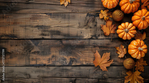 A top view of pumpkins and leaves on a Thanksgiving-themed wooden table