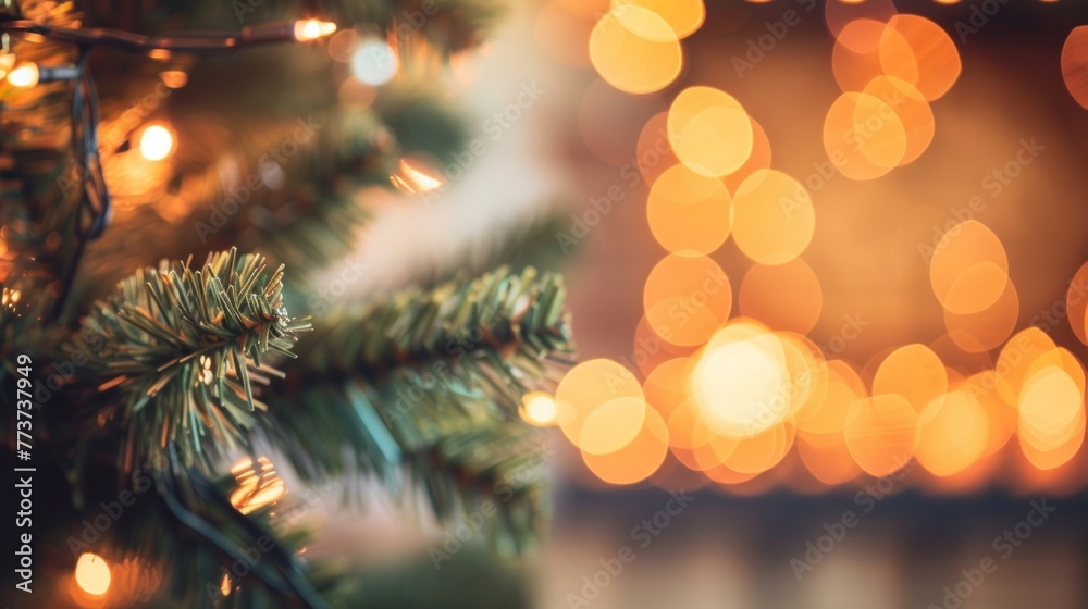 A detailed view of a festive Christmas tree adorned with lights, set against a glowing background A detailed view of a festive Christmas tree adorned with lights, set against a glowing background