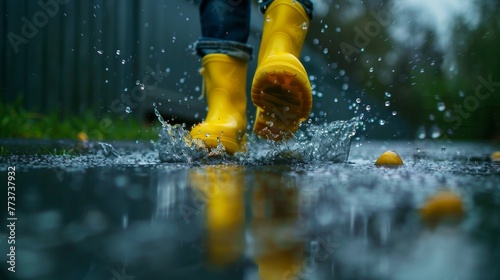 A kid wearing vibrant yellow rain boots splashes enthusiastically through a puddle on the ground © tashechka