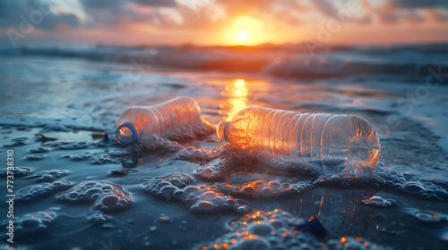 A message to save water and prevent harm to aquatic life by properly disposing of trash and plastic bottles at the beach. photo