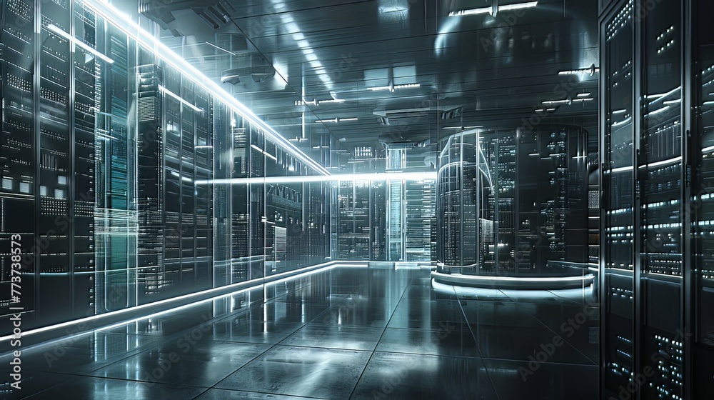 The futuristic design of the modern data center, depicted in this 3D render, showcases its efficiency and sophistication in managing vast amounts of digital information. The futuristic design of the modern data center, depicted in this 3D render, showcases its efficiency and sophistication in managing vast amounts of digital information.