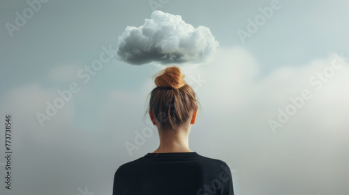 A cloud hovers above the head of a person facing away from the camera.