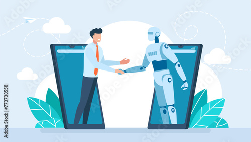 Handshake of man and robot in mobile. Ai robot and businessman shaking hands. Partnership between man, humanoid robots. Online collaboration between human, artificial intelligence. Vector illustration