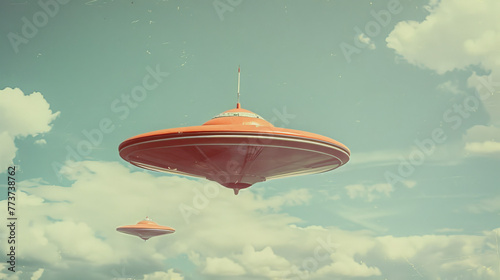 Retro vintage color photograph news style 1960s sci-fi science fiction alien UFO flying saucer journalistic hoax conspiracy theory concepts photo