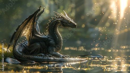 Create a serene image featuring a dragon basking in sunshine