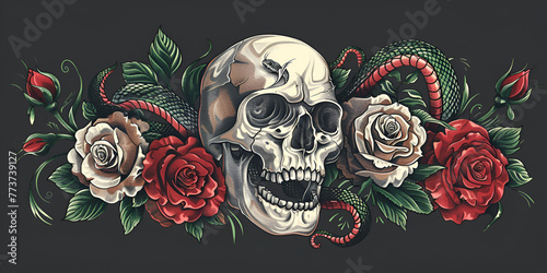 Skull roses and snake isolated on a white background.. generative ai