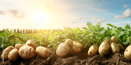 Freshly harvested organic potatoes on the field cropseason farmwork potatoagriculture sunlight background
 photo