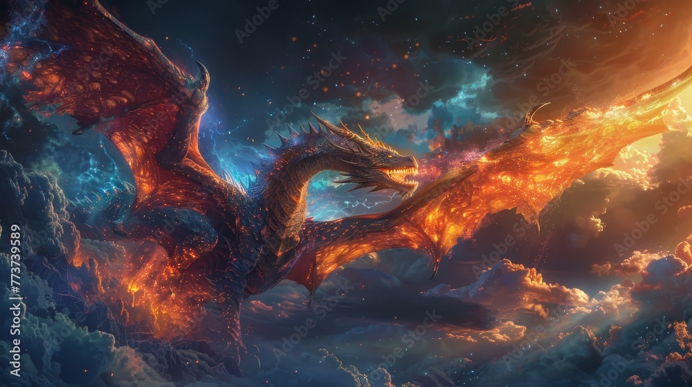 Create an enchanting fantasy image featuring a majestic dragon - obrazy, fototapety, plakaty 