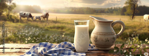 A pitcher and a glass of milk on a wooden table with a cow in the background during sunrise. photo