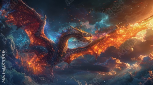 Create an enchanting fantasy image featuring a majestic dragon © Supasin
