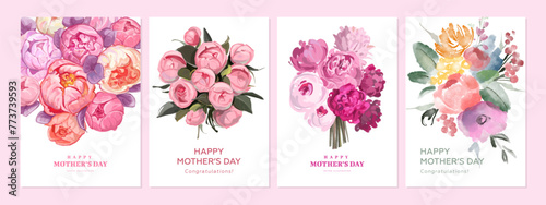 Mother's day poster, banner or greeting card set with hand drawn bouquet of flowers on white background. Vector illustration