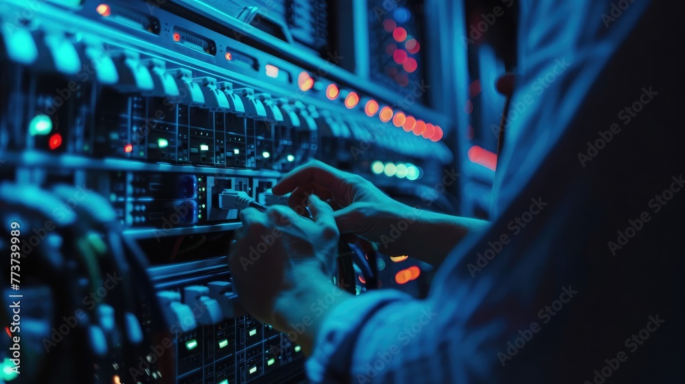 close-up of a person's hands working on a server or network equipment in a data center with blue lighting - obrazy, fototapety, plakaty 