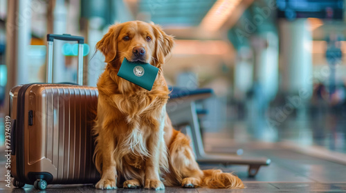 A beautiful golden retriever on the background of a large airport holds a passport in his teeth. There are suitcases nearby. The concept of traveling and vacations with animals.