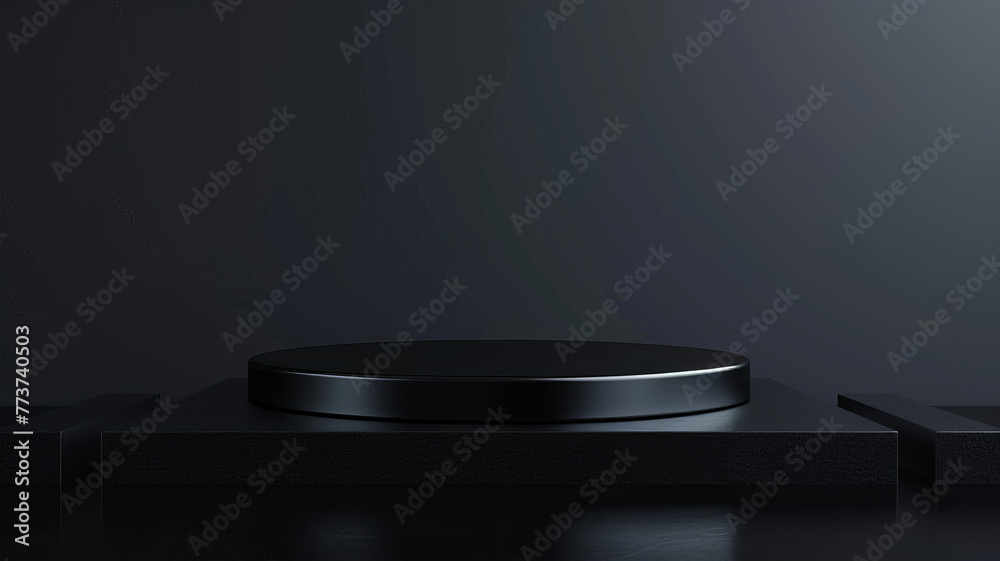 Minimalist black podium on dark background, evoking exclusivity and focus, presented by AI Generative. Minimalist black podium on dark background, evoking exclusivity and focus, presented by AI Generative.
