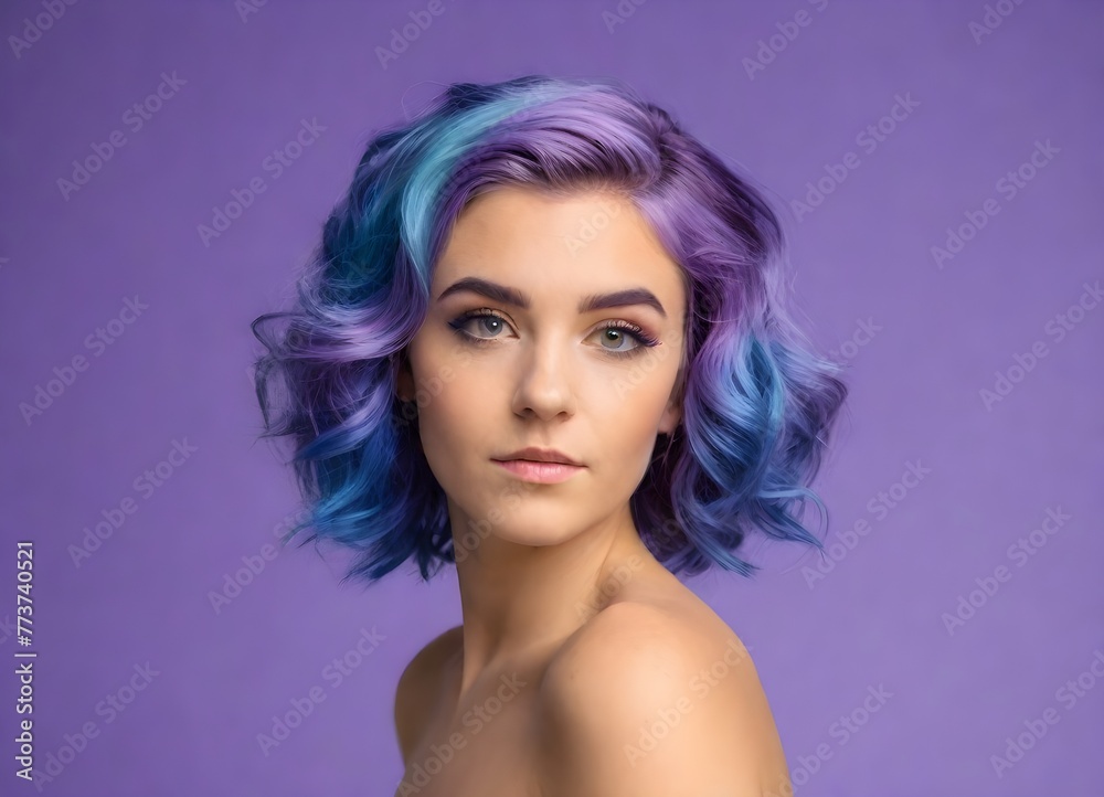 Purple-Hued Woman Vivid Hair, Stunning Makeup