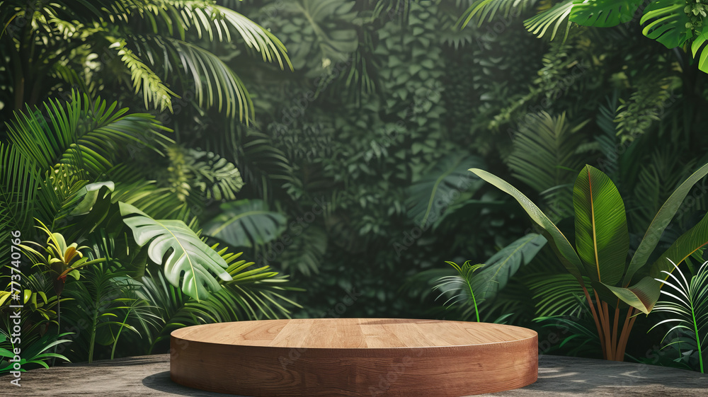 Product presentation with a wooden podium set amidst a lush tropical forest,  AI Generative