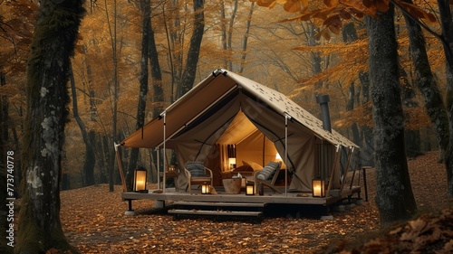 tent in the fall woods with chairs and candle, in the style of light brown and dark beige, modular construction, functional, caninecore, AI Generative photo