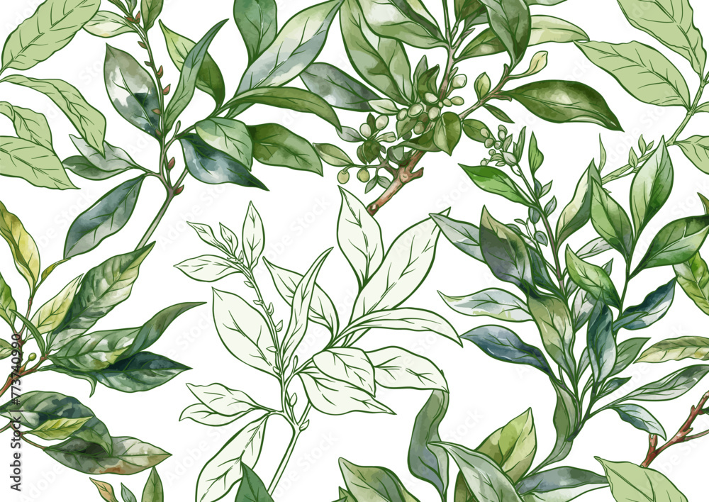 Branch with leaves of green tea. Seamless pattern, background. Vector illustration. In botanical style Branch with leaves of green tea. Seamless pattern, background. Vector illustration. In botanical style