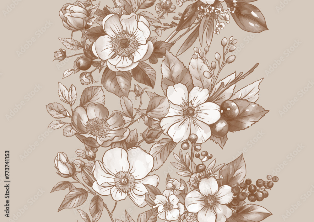 Boutonniere of wild rose flowers and berries Seamless pattern, background. Outline hand drawing vector illustration. In botanical style Boutonniere of wild rose flowers and berries Seamless pattern, background. Outline hand drawing vector illustration. In botanical style