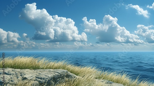 seascape and sun on a blue sky background. Summer background.