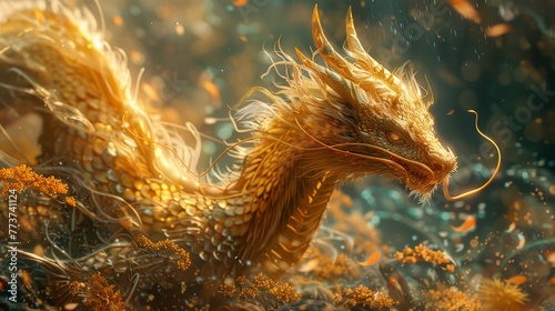 Illustrate an awe-inspiring scene with a dragon adorned in gold