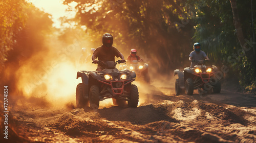 Motocross rider rides motorcycle on road, beach, and desert, enjoying adventure, fun, and extreme sport with quadbike, ATV, and 4x4 vehicle photo
