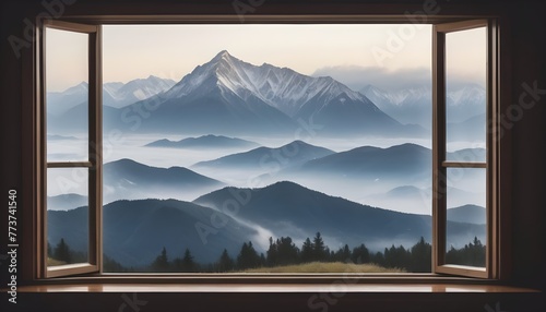 A picture window with views of a misty mountain range #773741540